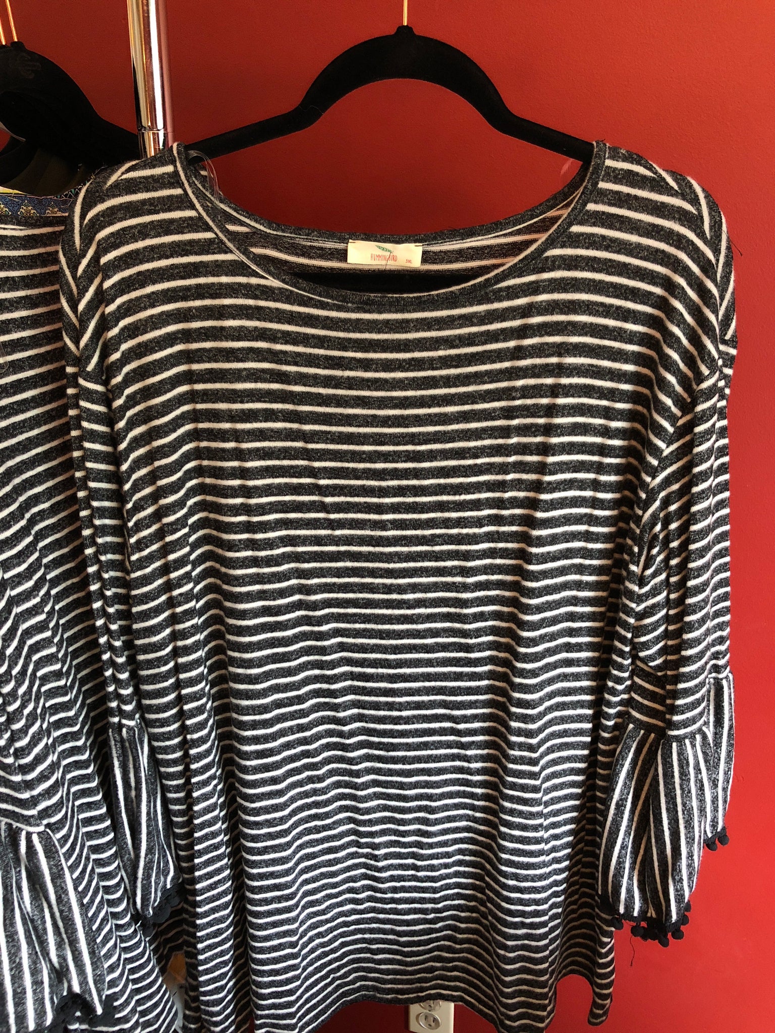 147 Grey Stripe Pom Sleeve Curvy