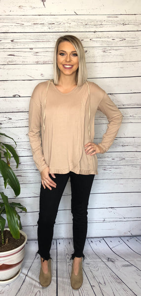 7 Beige Long Sleeve Hooded Top