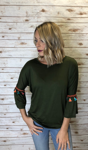 425 Olive Tassel Top