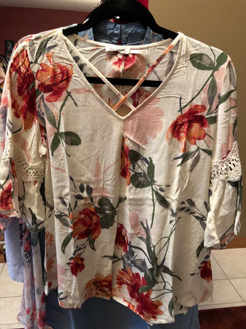 Ivory Floral Cross Front Top