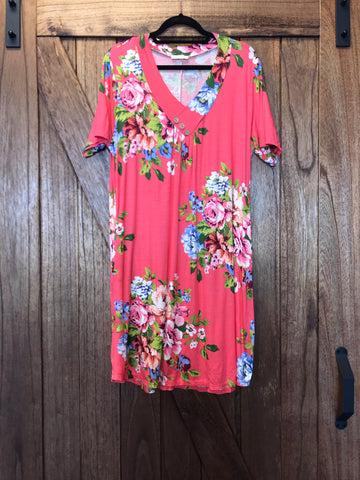 608 Coral Floral Dress
