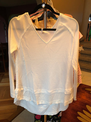 White Waffle V Neck Long Sleeve