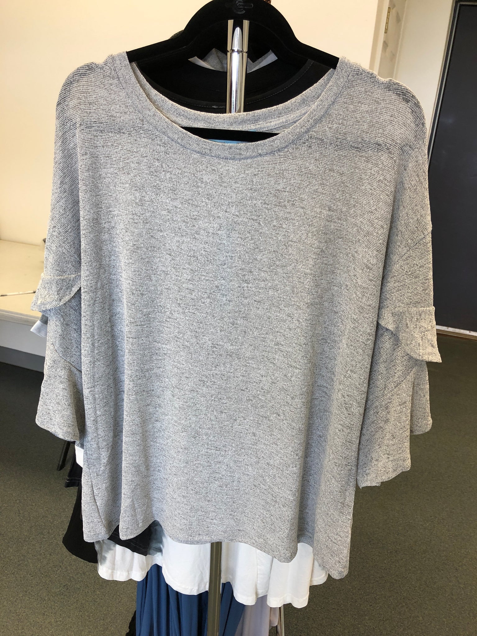 Grey Double Ruffle Sleeve Top Curvy