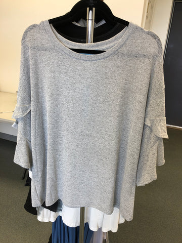 Grey Double Ruffle Sleeve Top Curvy