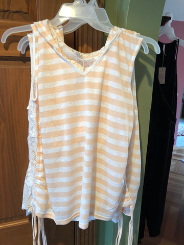 Peach Stripe Lace Back Hooded Tank