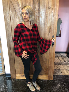 222 Plaid Bell Sleeve Top