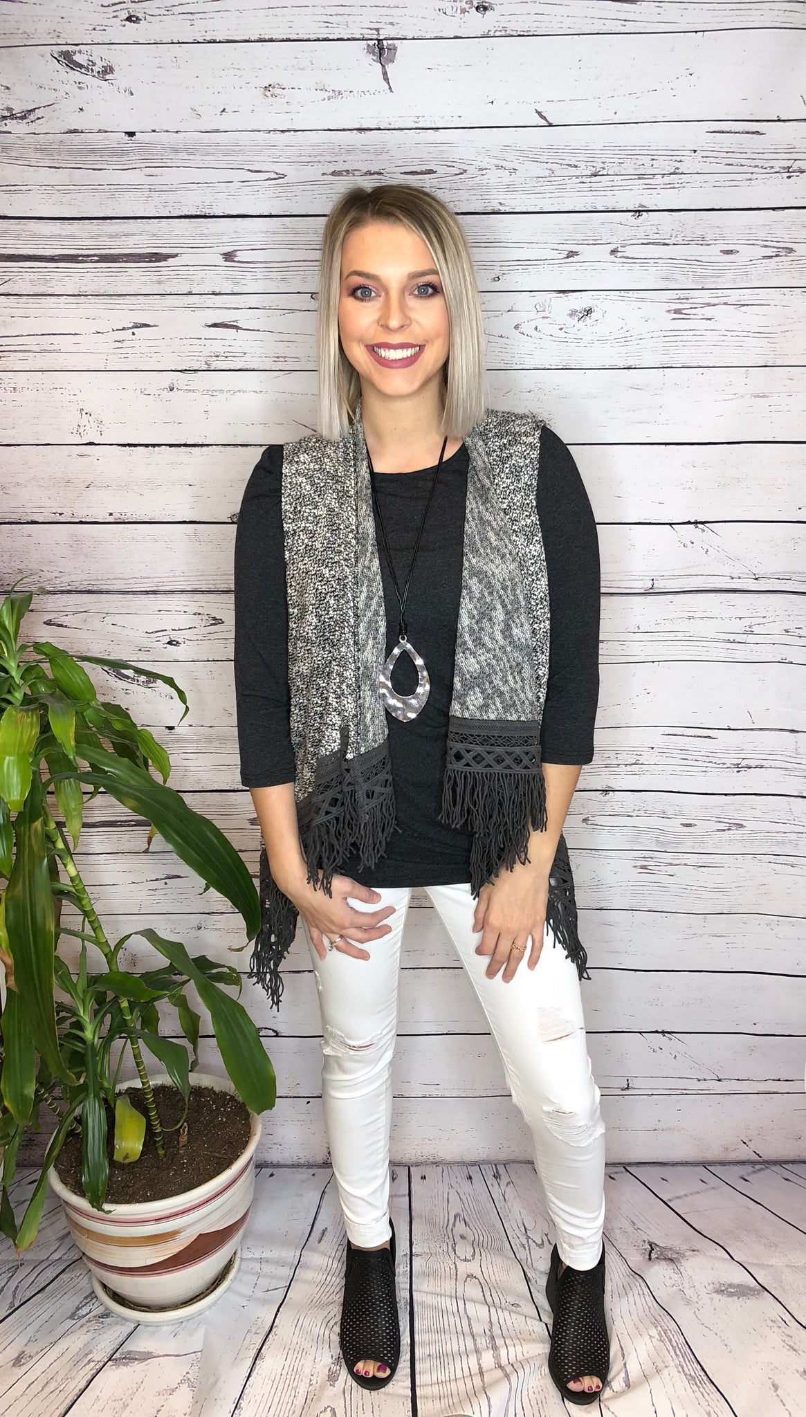 Black Two Tone Sweater Vest W/ Crochet Fringe