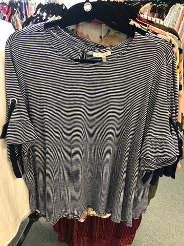 77 Navy & White Stripe Tie Sleeve Top Curvy